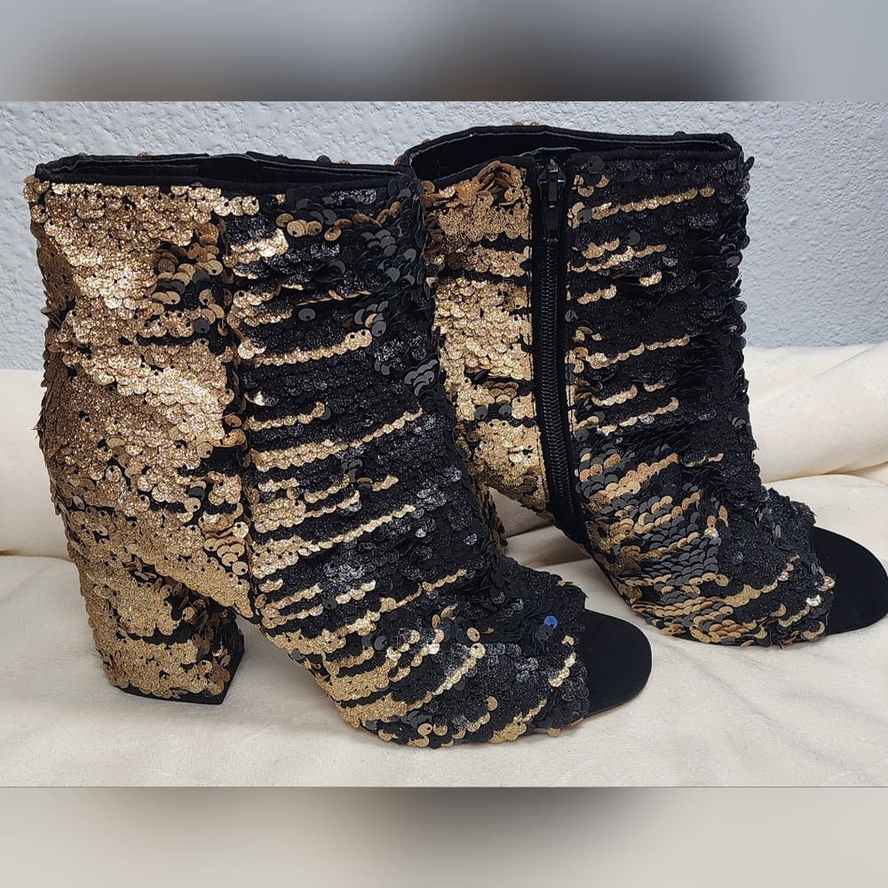 Enzo Angiolini Black and Gold Sequin Ankle Boots